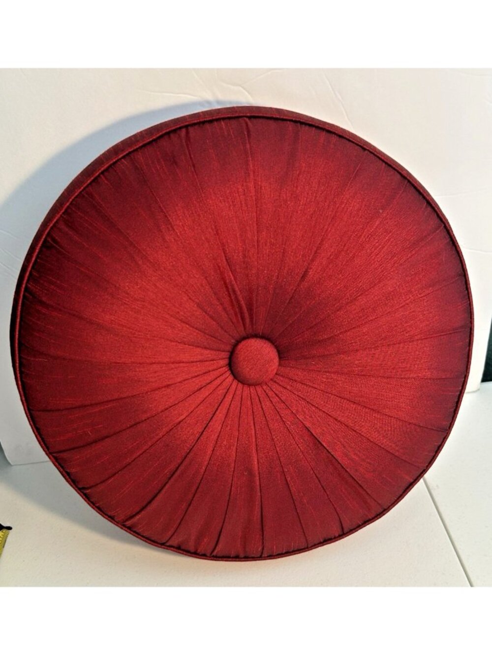 Vintage MCM Tufted Pleated Round Throw Pillow Dark Red Silk Look Piping Edge 14"